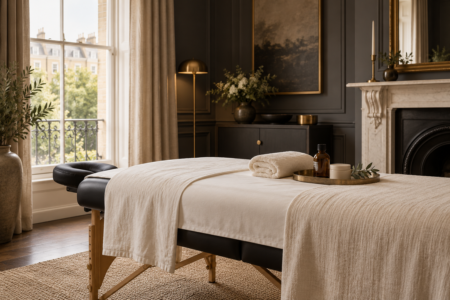 Illustrative massage table and treatment supplies in a calm room